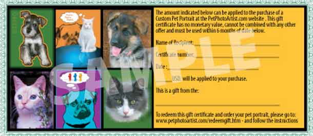 pet portrait gift certificate sample