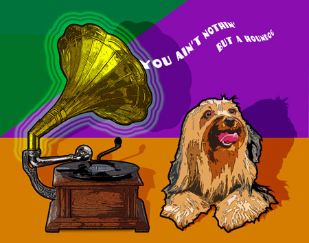 funny dog painting of Yorkie and phonograph
